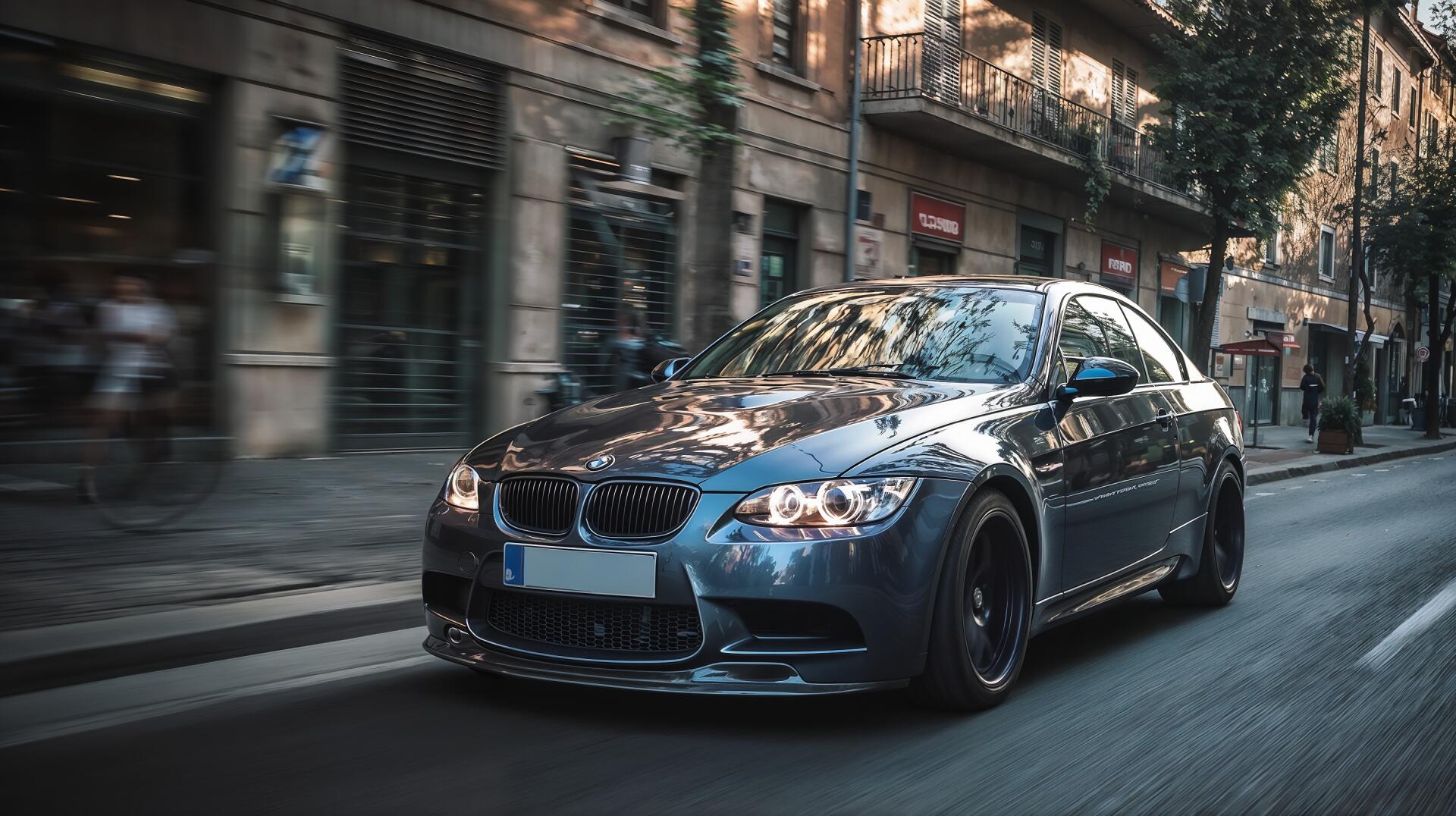 Blue BMW M3 driving through a tree-lined urban street with motion blur, HD PC desktop wallpaper and background showcasing glossy reflections and a sporty stance.