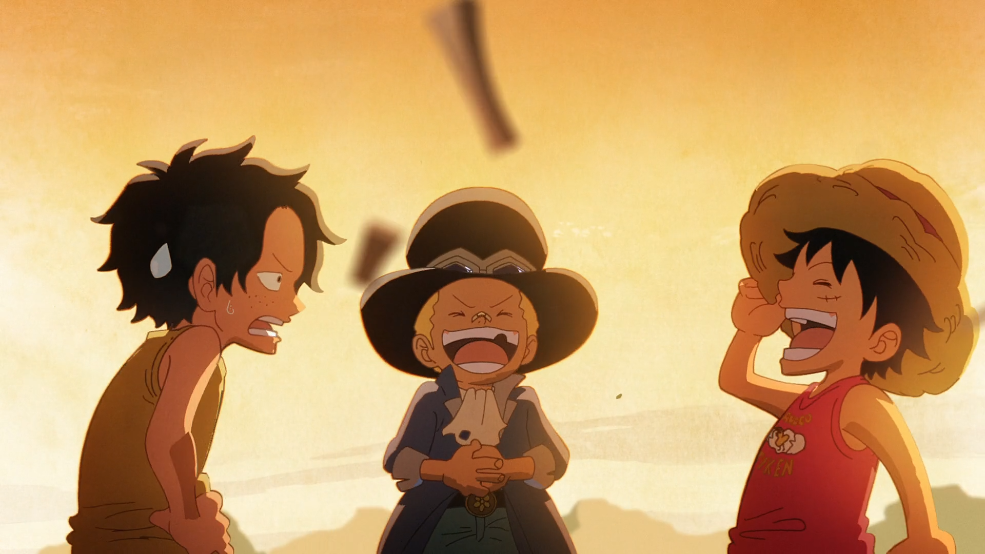 Anime HD desktop wallpaper of young Portgas D. Ace, Sabo, and Monkey D. Luffy laughing together at sunset from One Piece.