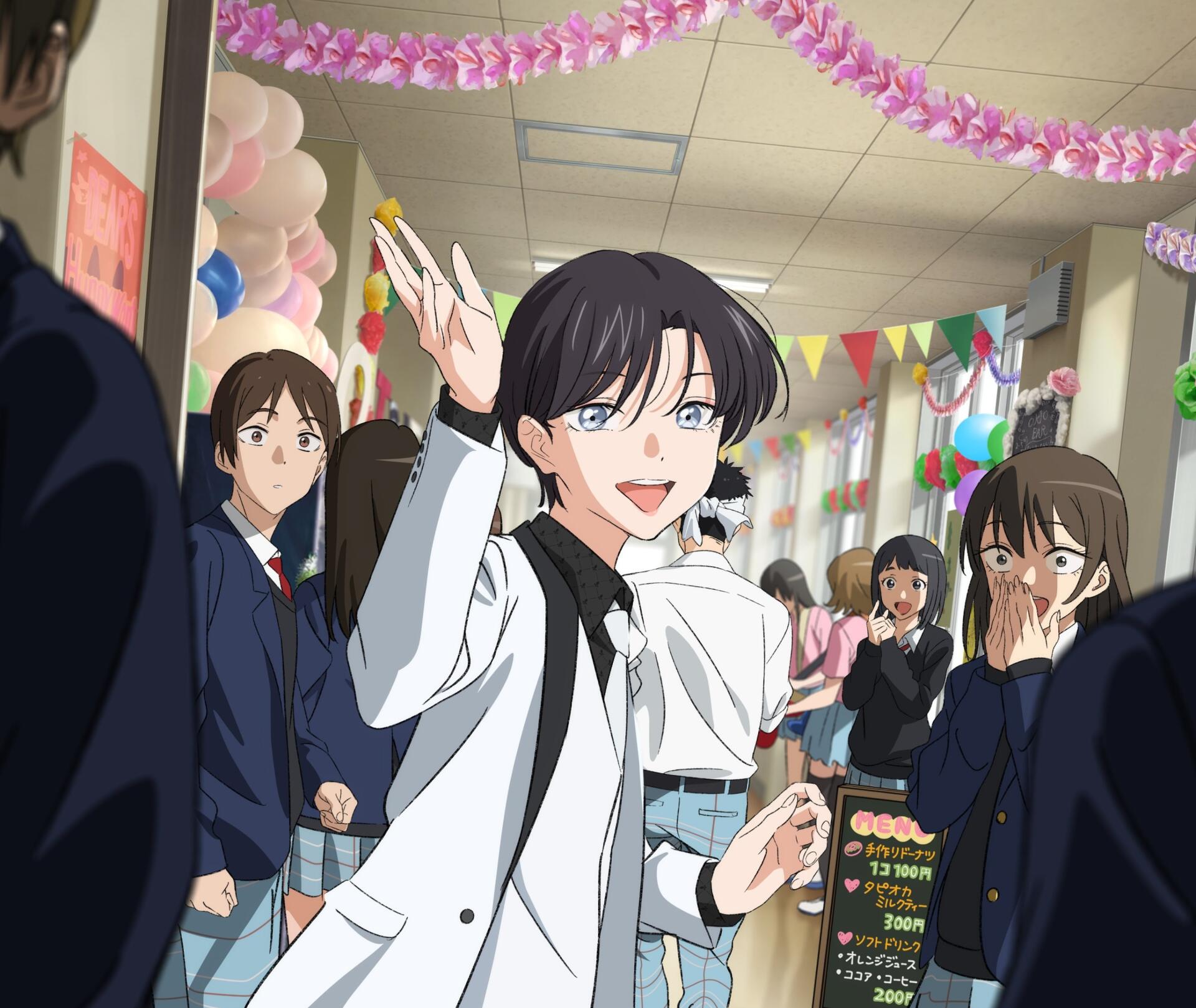 HD PC desktop wallpaper of Marin Kitagawa (My Dress-Up Darling): cheerful Marin waving in a colorful school festival hallway, classmates and festive decorations behind her.
