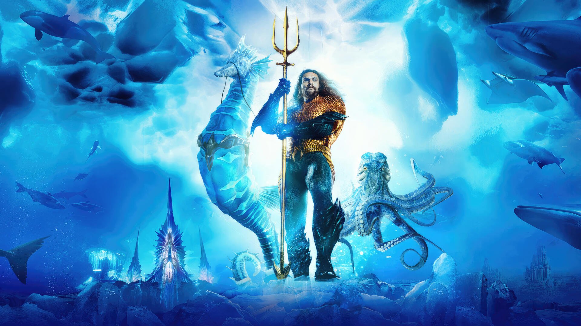 Aquaman and The Lost Kingdom 4K Ultra HD PC desktop wallpaper: Aquaman stands with trident in a glowing blue underwater kingdom, surrounded by sea creatures and submerged ruins.