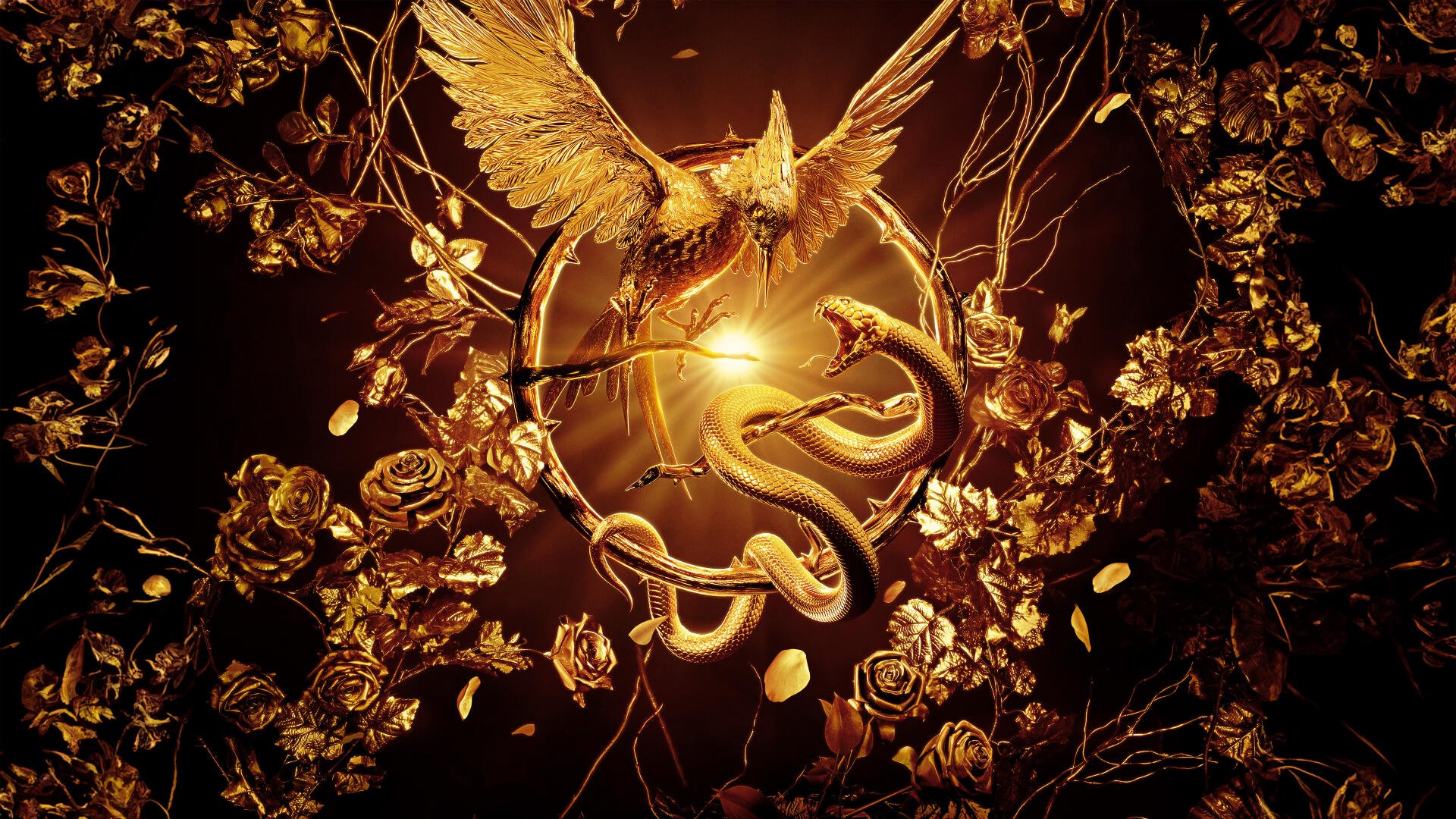 The Hunger Games: The Ballad of Songbirds & Snakes 8K Ultra HD PC wallpaper, golden songbird and coiled snake forming a circular emblem amid ornate golden roses.