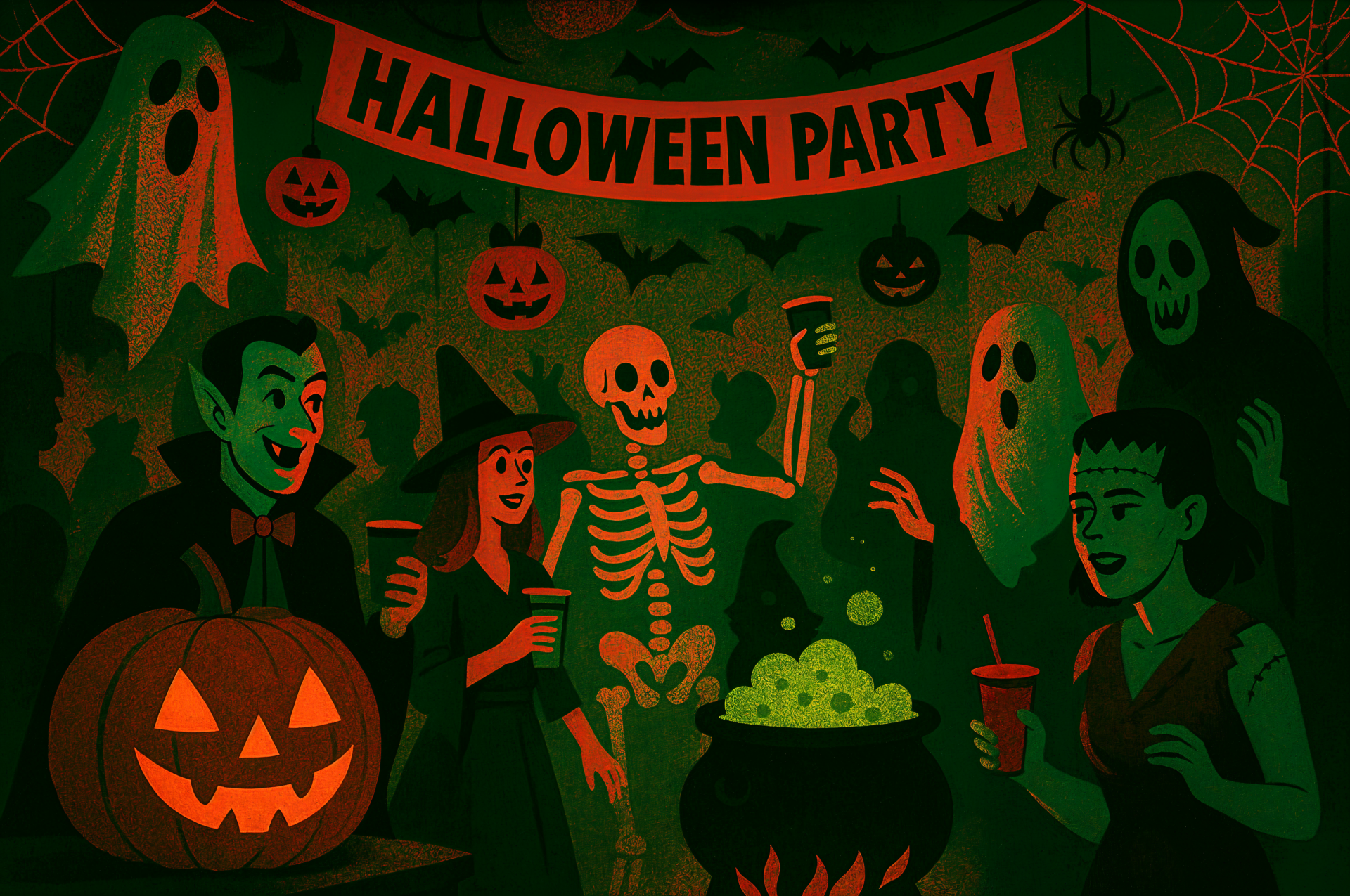 Halloween Party scene: costumed guests (vampire, witch, skeleton) toast by a bubbling cauldron and jack-o'-lantern amid ghosts and bats — 4K Ultra HD PC desktop wallpaper/background.