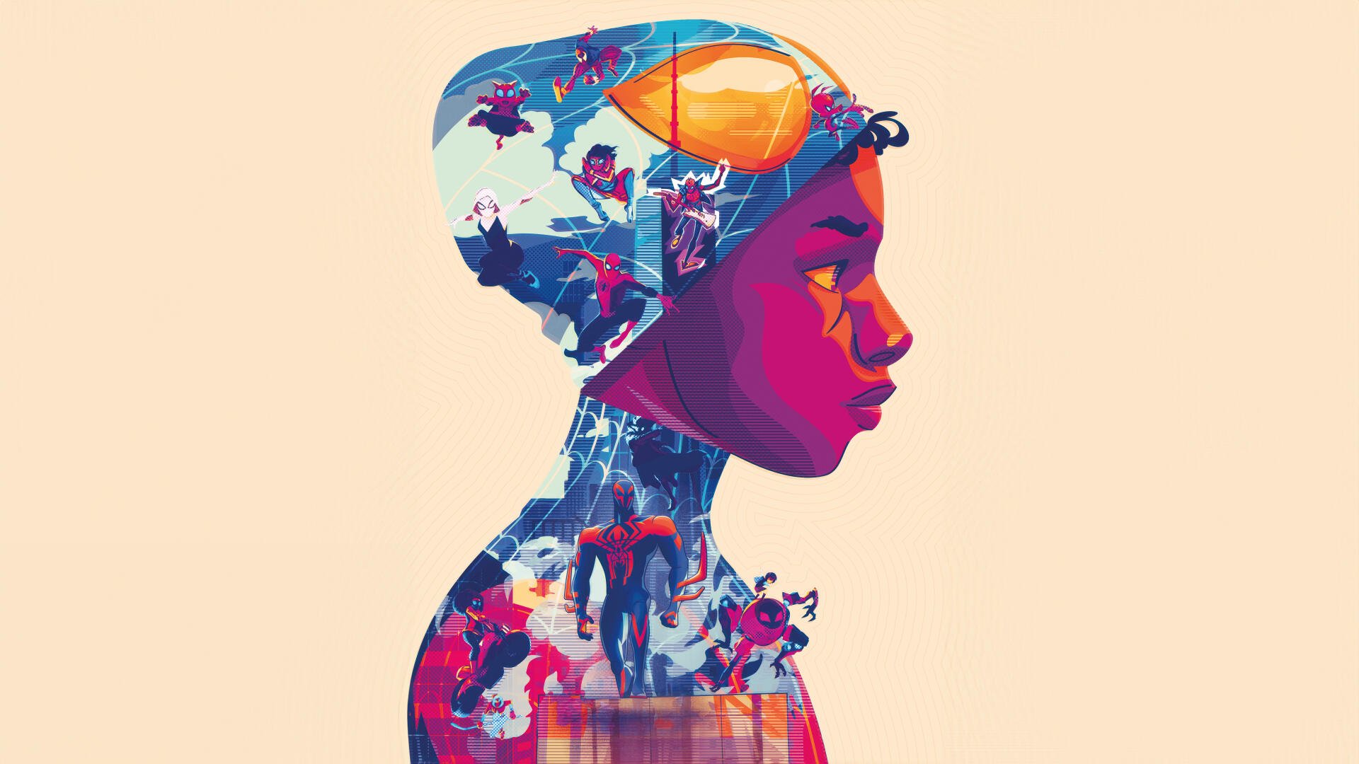 Colorful profile collage from Spider-Man: Across the Spider-Verse — comic scenes and webs forming a youth’s silhouette on a beige background; 4K Ultra HD PC desktop wallpaper and background.