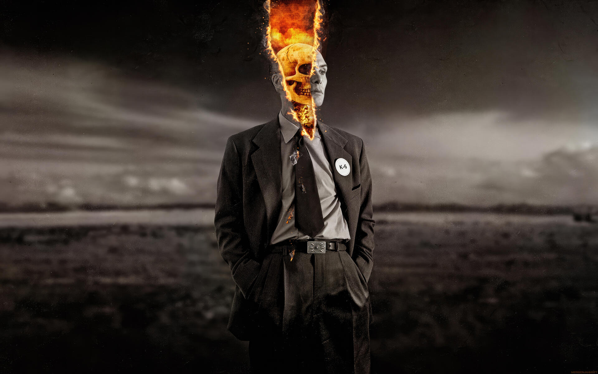 4K Ultra HD PC desktop wallpaper: suited figure with a flaming skull head and atomic-era pin, standing in a desolate landscape — image tagged Oppenheimer.