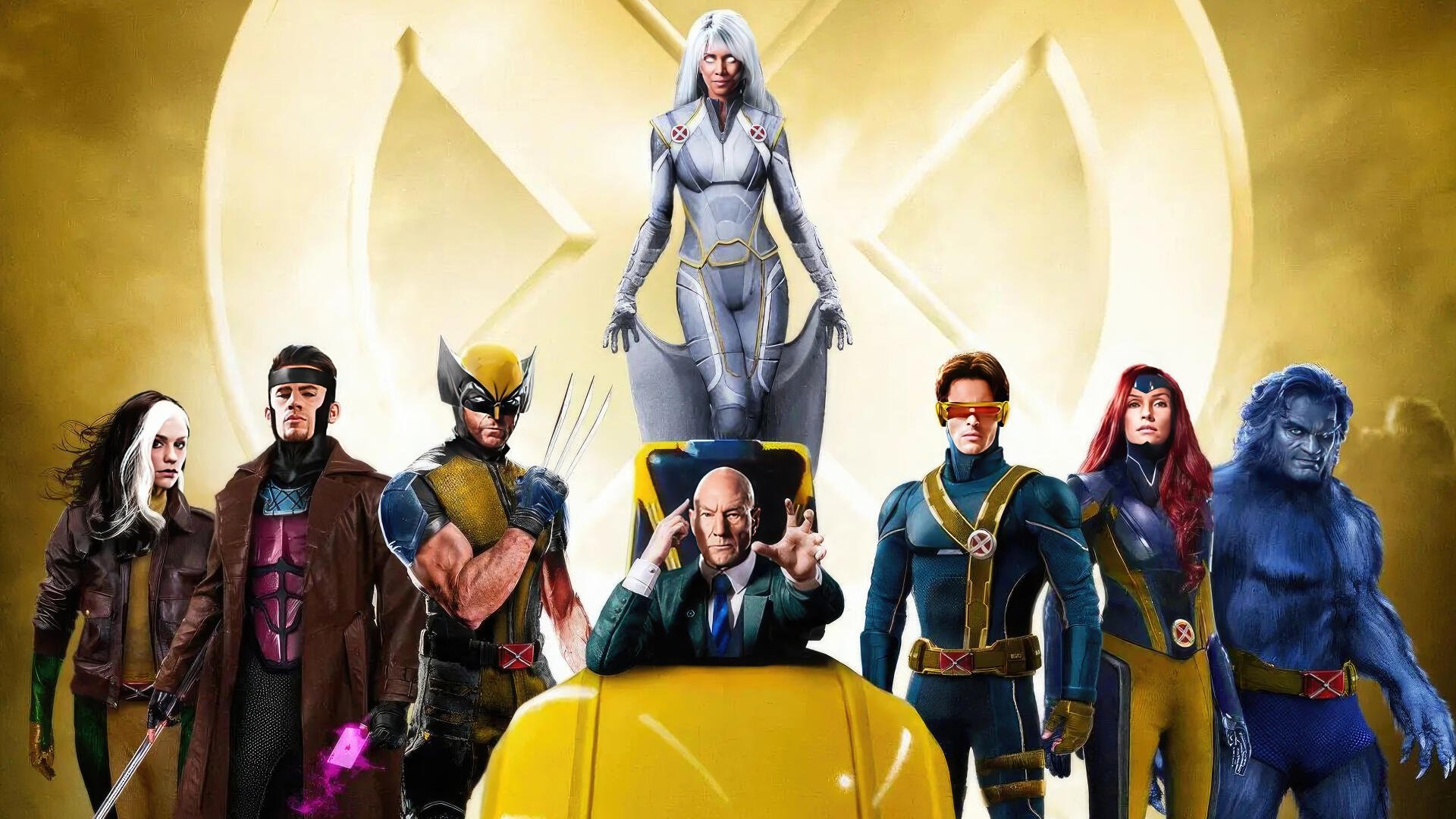 4K Ultra HD PC desktop wallpaper of X-Men: Professor X seated, Storm above, Wolverine, Cyclops, Jean Grey, Beast and others posed before a glowing gold X emblem.