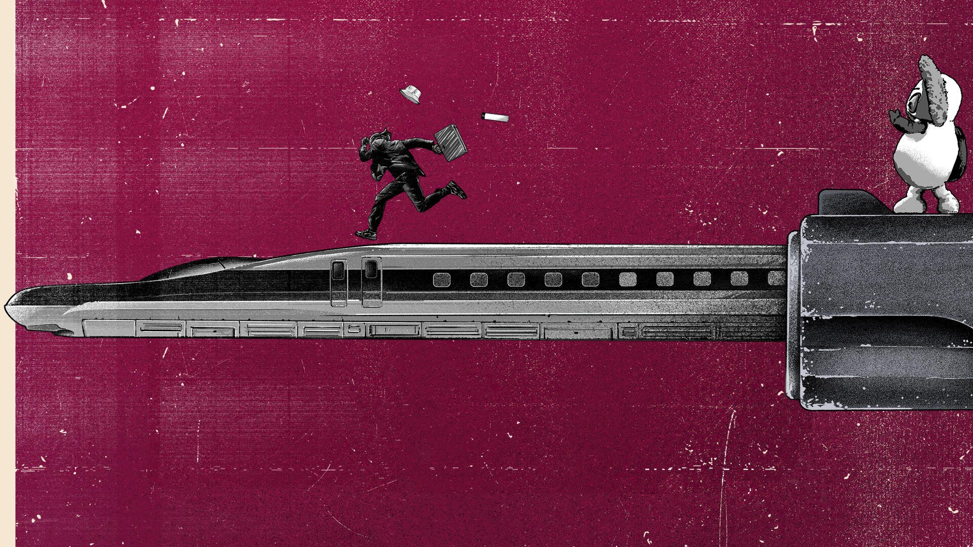 4K Ultra HD PC desktop wallpaper of a bullet train in profile cutting across a distressed magenta background; a silhouetted figure leaps with papers scattering.