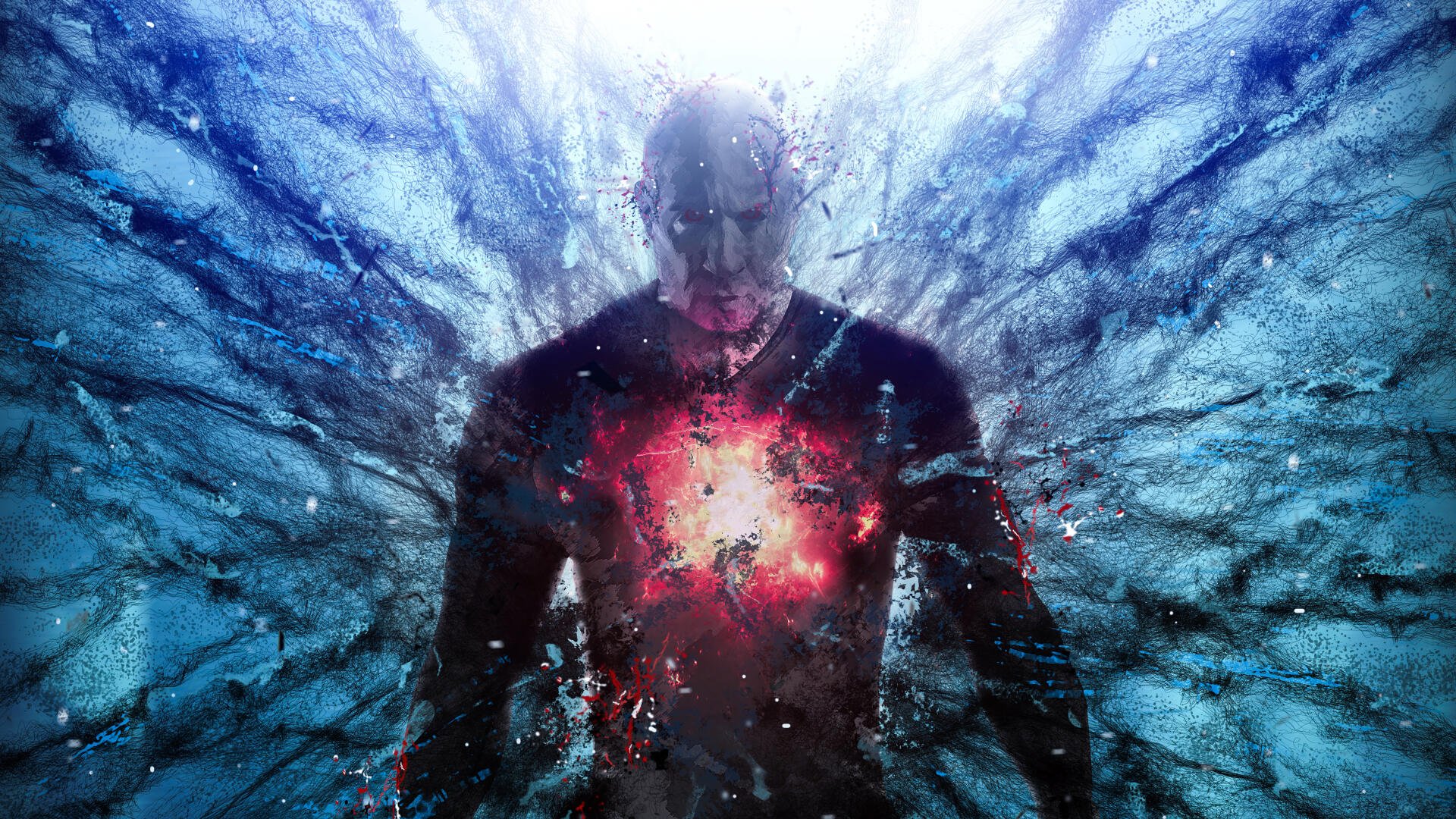 Bloodshot 4K Ultra HD PC desktop wallpaper and background: shadowy figure submerged in turbulent water, chest bursting with a glowing red core and splintering energy.