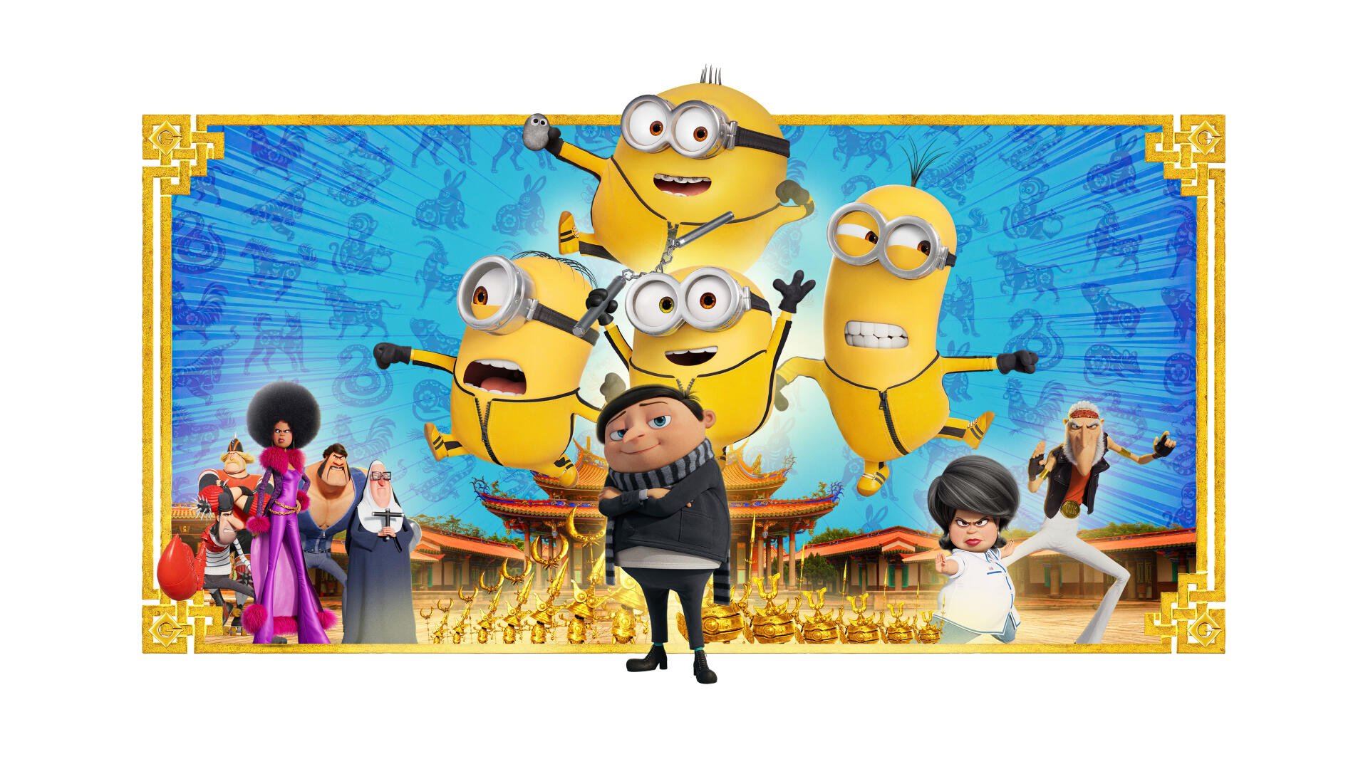 Minions: The Rise of Gru 4K Ultra HD PC wallpaper — Gru front center with five Minions jumping and posing before an ornate blue-and-gold backdrop with other characters.