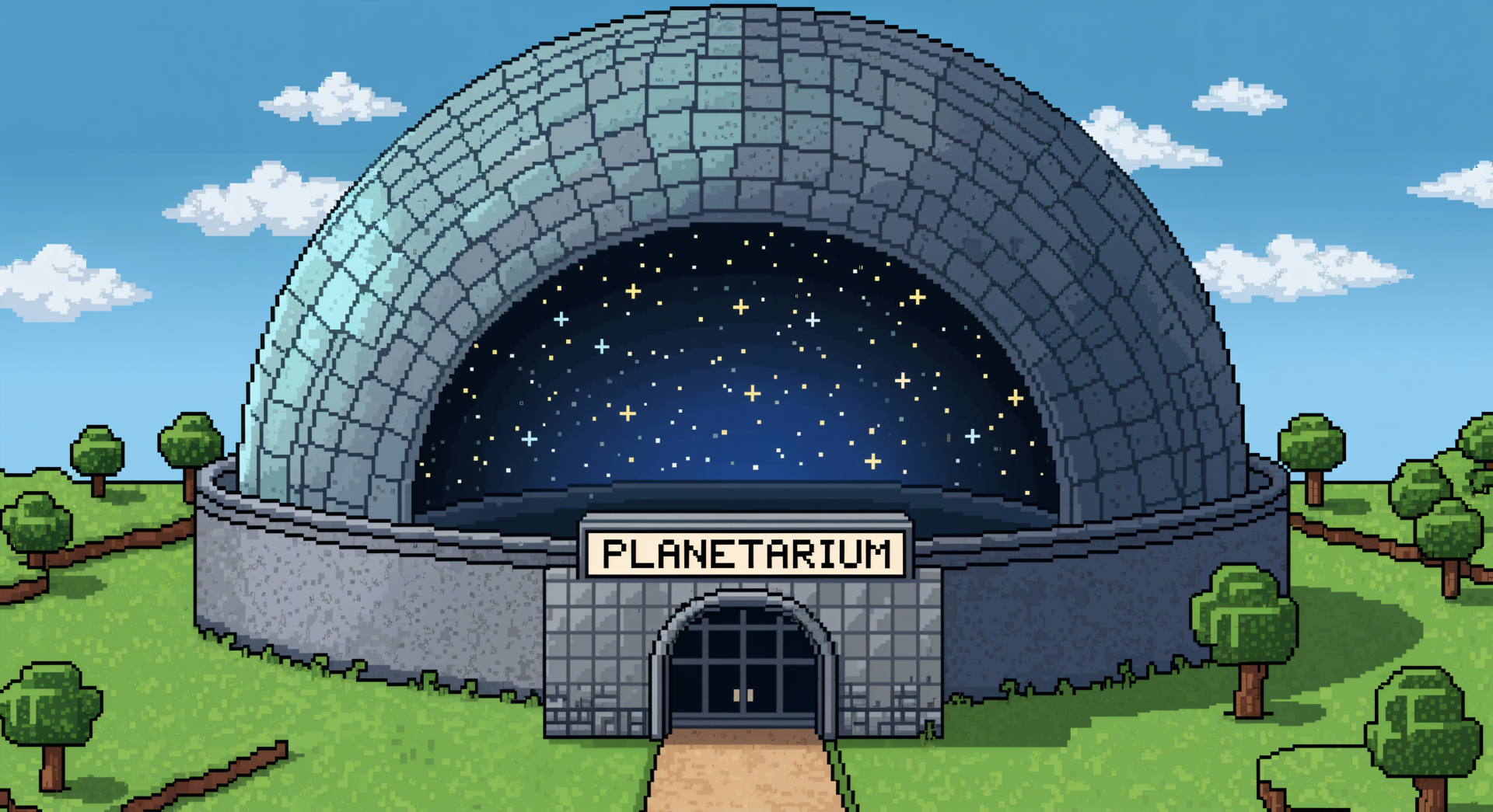 Pixel-art planetarium dome under a starry sky, set in a grassy park with trees — 4K Ultra HD PC Desktop Wallpaper and Background.