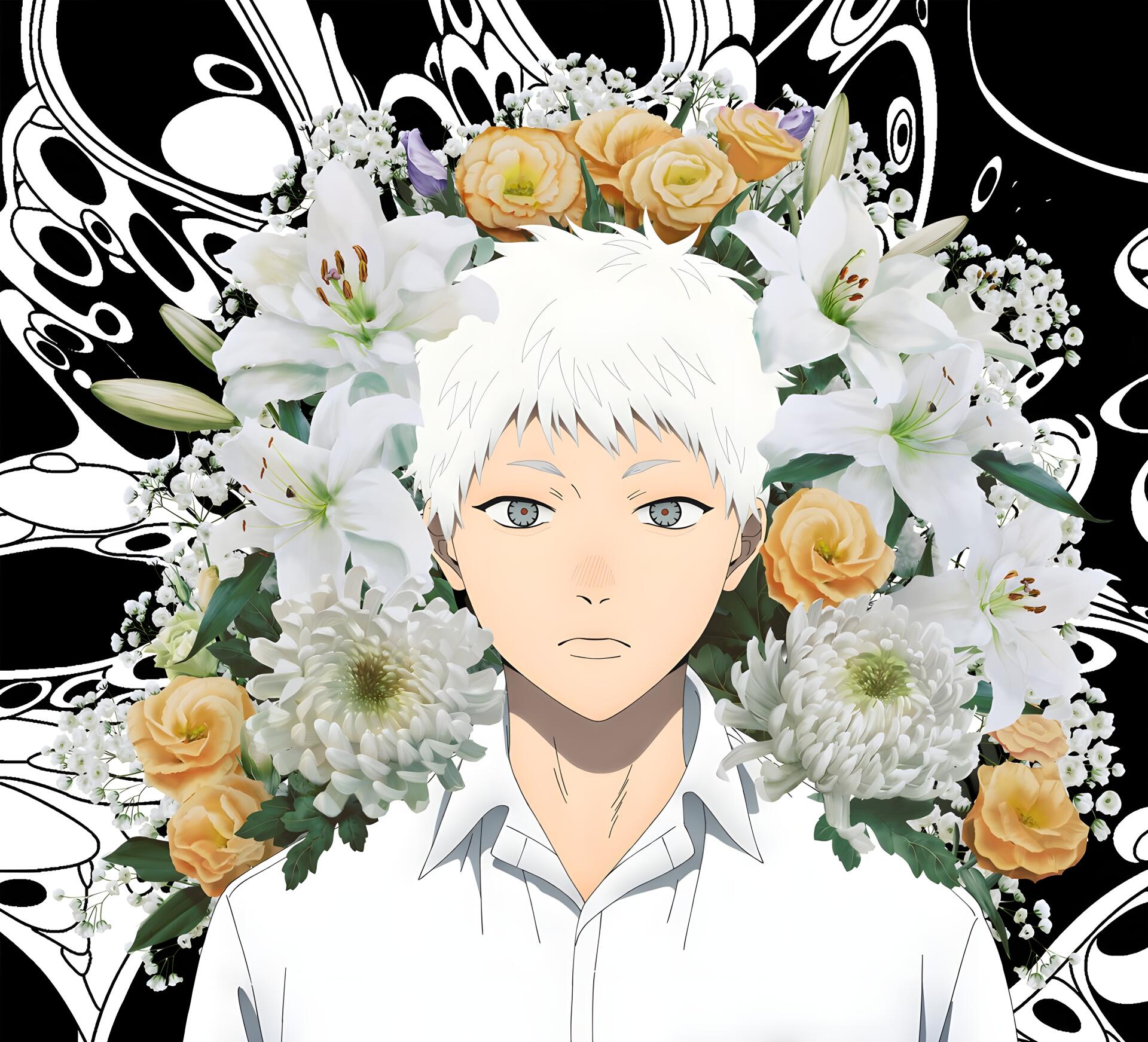 Indou Hikaru from The Summer Hikaru Died framed by white lilies and pale roses, calm expression — 4K Ultra HD PC desktop anime wallpaper.