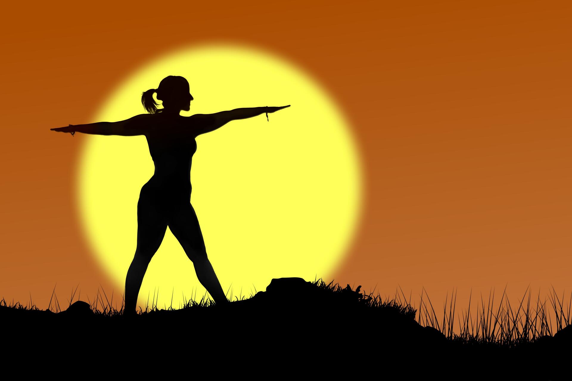HD PC desktop wallpaper: silhouette of a woman in a yoga warrior pose at sunset, large yellow sun and grassy horizon, sports-themed background.