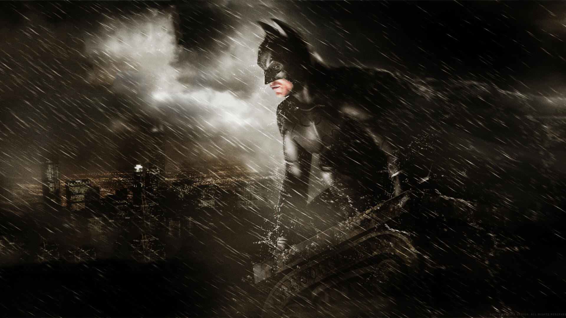 Batman Begins 4K Ultra HD PC desktop wallpaper: Batman on a rain-soaked rooftop, cape billowing against a stormy Gotham skyline.