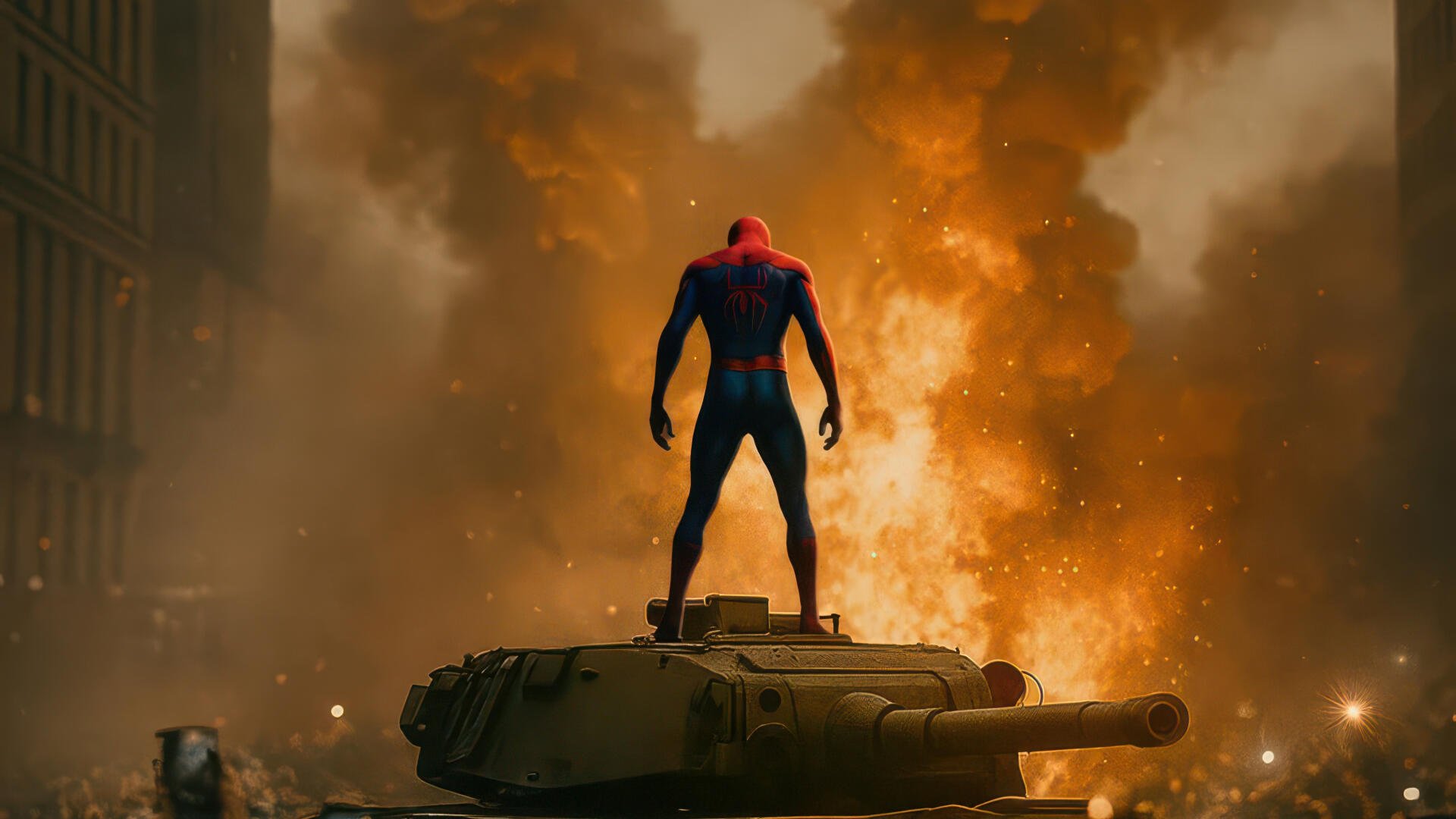 Spider-Man: Brand New Day — 4K Ultra HD PC desktop wallpaper/background of Spider-Man standing atop a tank as fire and smoke engulf a city street.