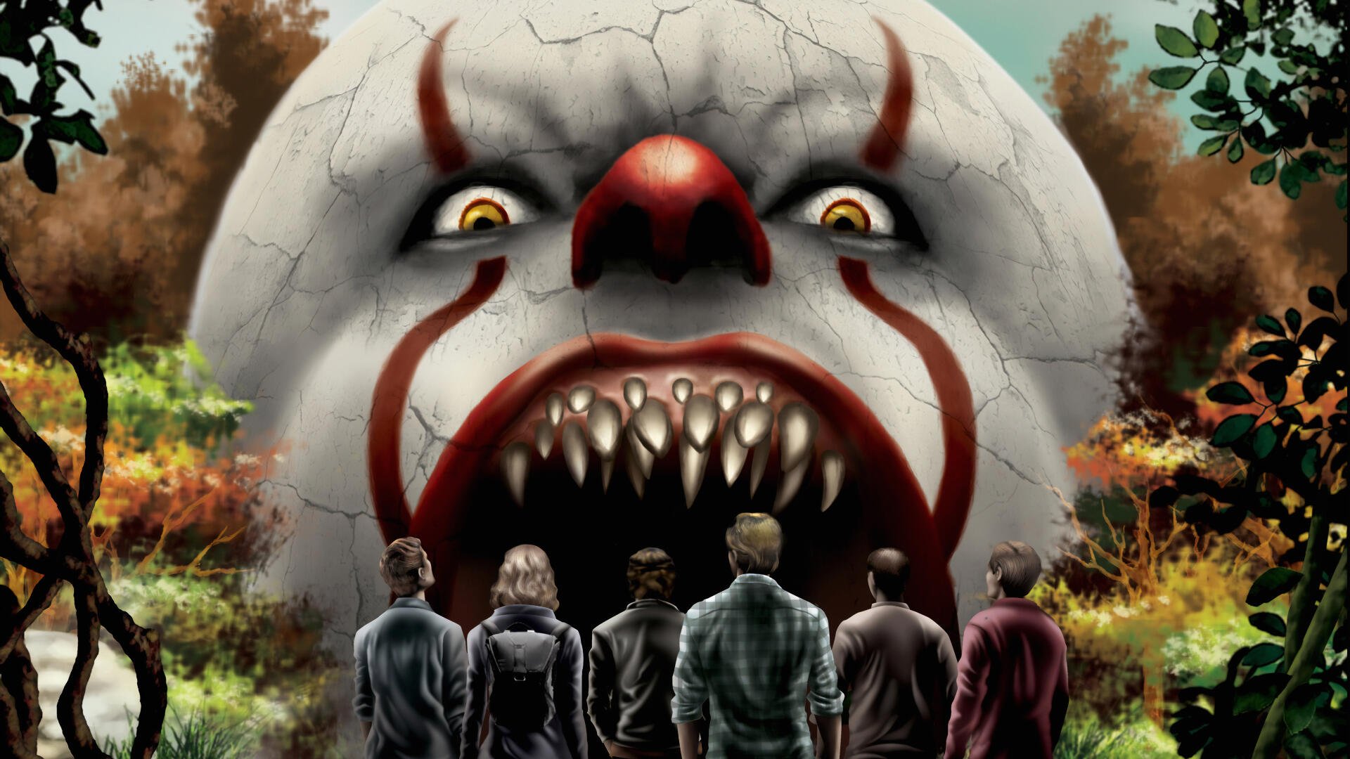 It Chapter Two 4K Ultra HD PC desktop wallpaper/background: five people stand before a cracked, gaping Pennywise with rows of teeth and glowing eyes in a dark, autumnal forest.