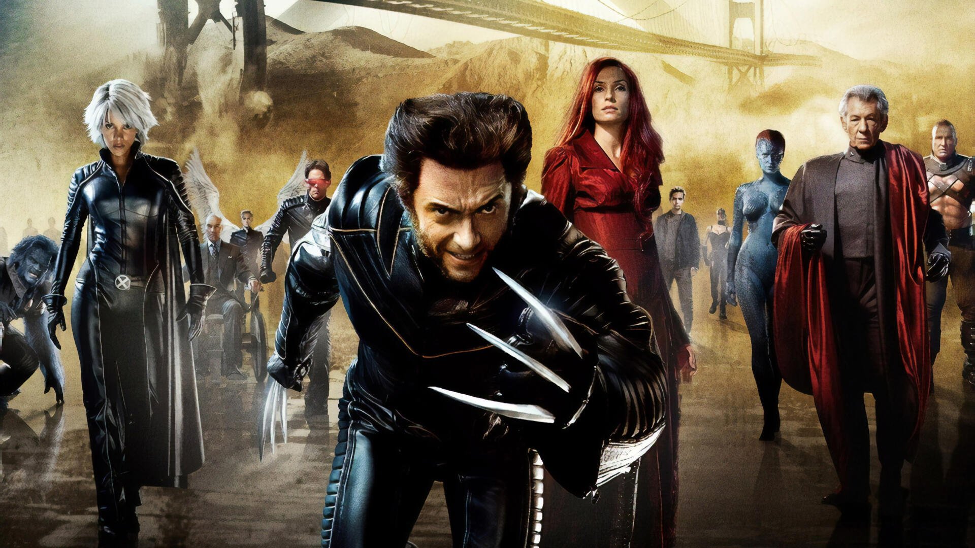 X-Men: The Last Stand HD PC desktop wallpaper and background: Wolverine lunges with claws out as Storm, Jean Grey and other mutants stride ahead with the Golden Gate Bridge looming behind.