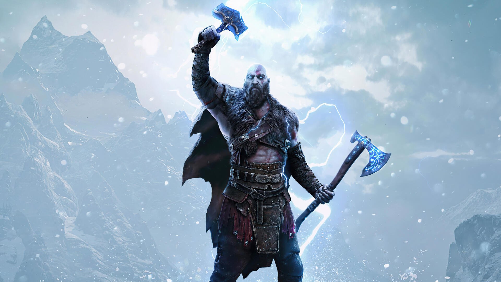 HD PC wallpaper: Kratos from God of War: Ragnarök raises Mjölnir amid lightning and snow, wielding an axe against a stormy mountain backdrop.