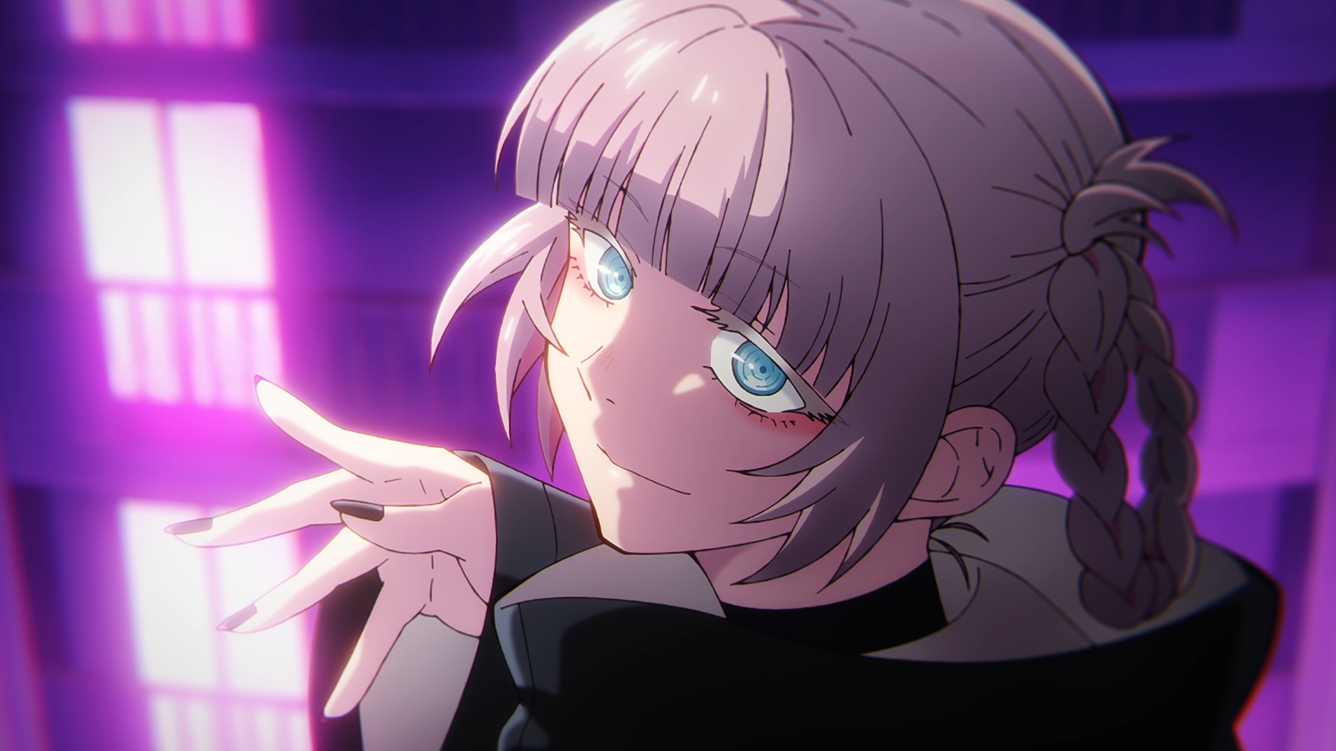 Nazuna Nanakusa from Call of the Night looking over her shoulder under purple neon light, teal eyes and braided hair — HD PC desktop wallpaper/background.