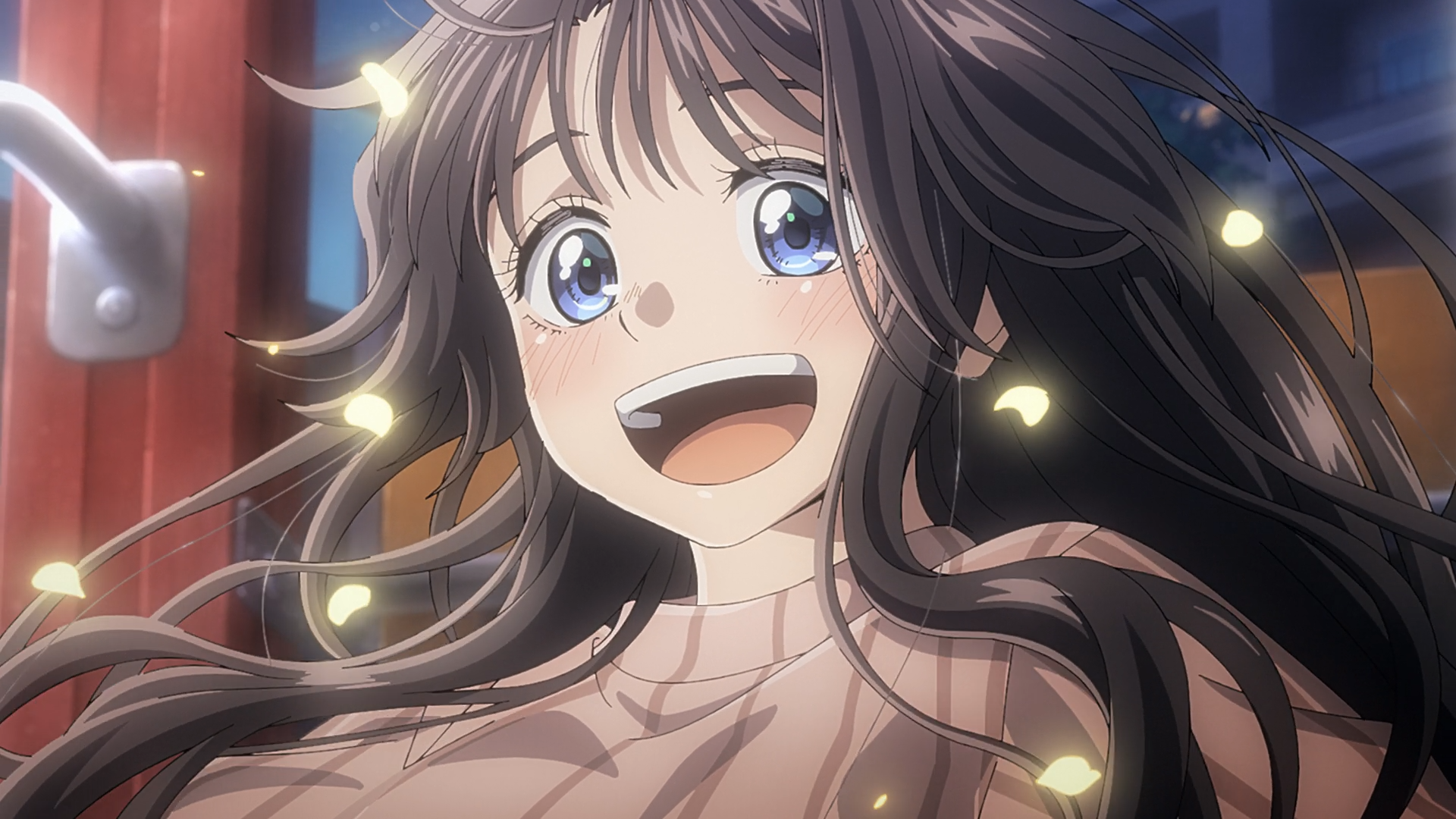 Anime portrait of Kaoruko Waguri from The Fragrant Flower Blooms With Dignity, smiling with flowing hair and glowing petals, HD PC desktop wallpaper/background.