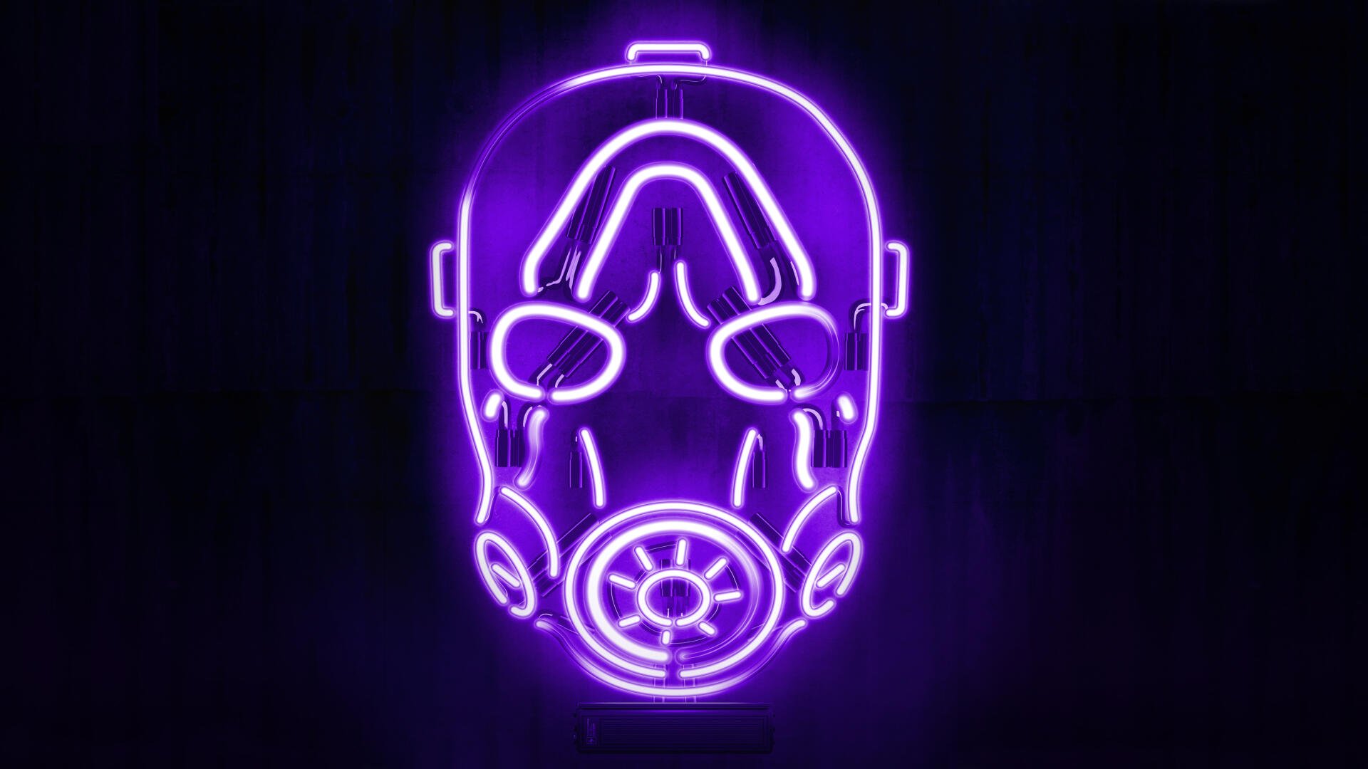 Borderlands 4K Ultra HD PC desktop wallpaper: stylized purple neon gas mask outline glowing against a dark background.