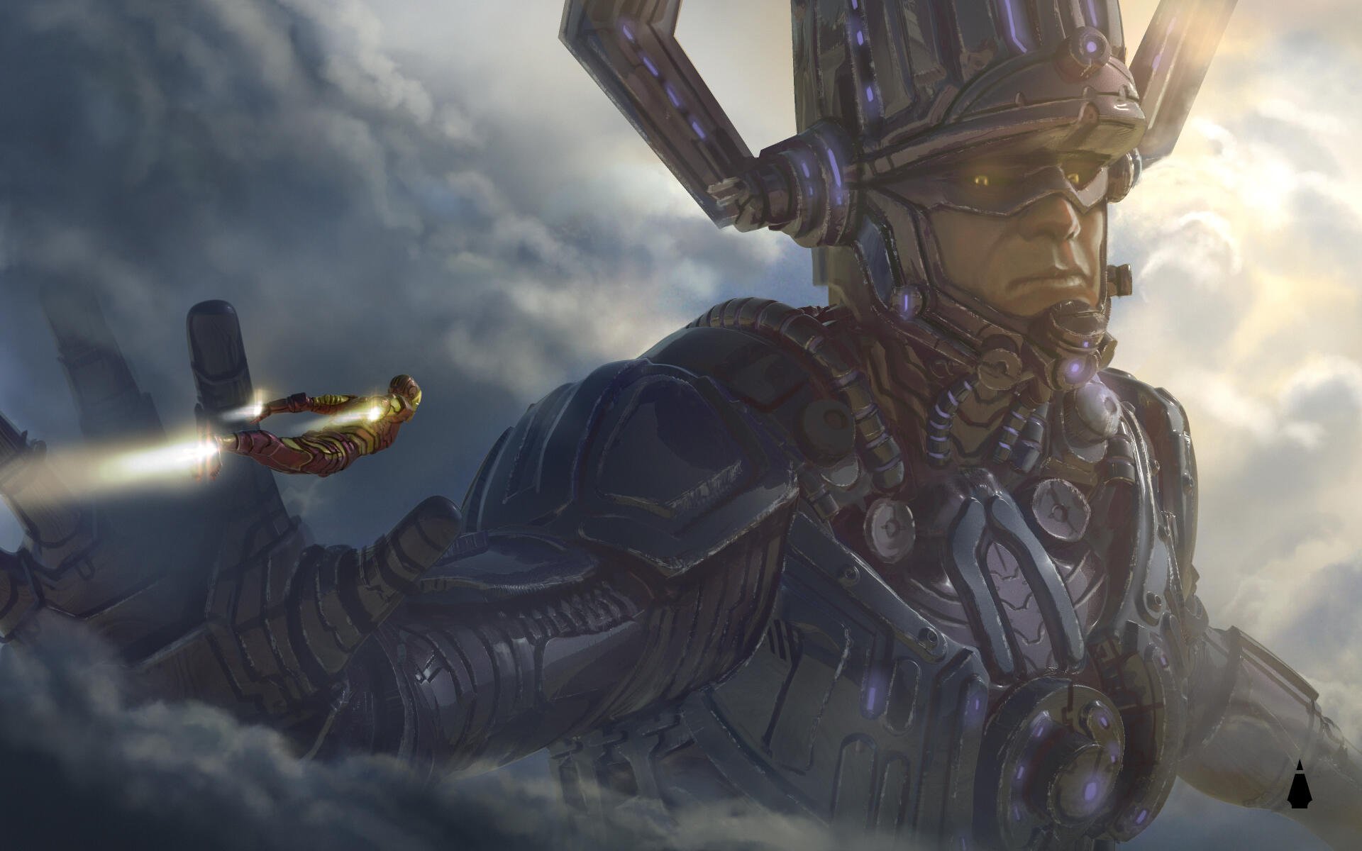 Avengers EndGame 4K Ultra HD PC desktop wallpaper and background: armored Celestial towering through stormy clouds as Iron Man rockets toward him.