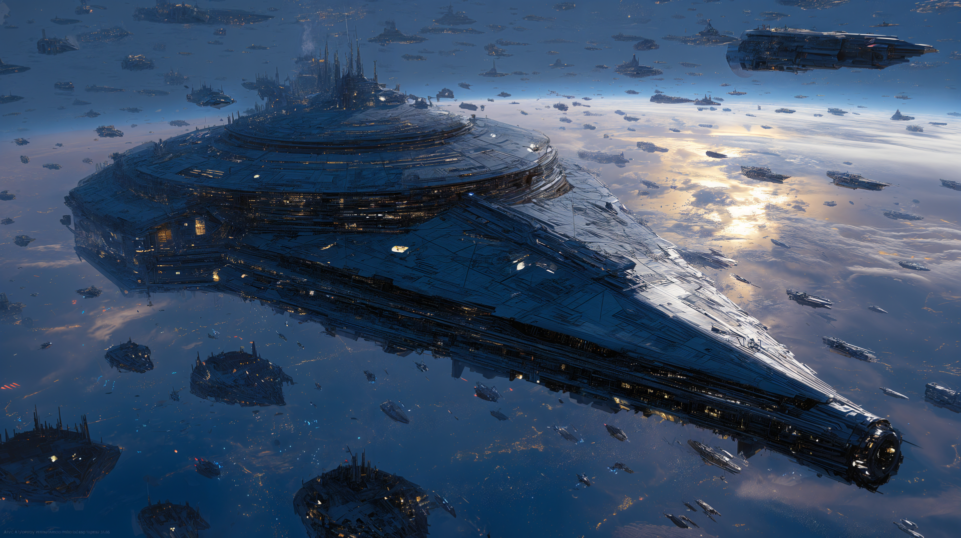 Sci-fi capital ship and escort fleet over a planet, sunlit reflections on the armored hull; 4K Ultra HD PC desktop wallpaper background.