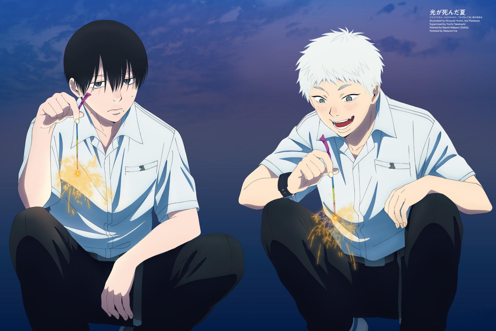 Anime HD PC desktop wallpaper from The Summer Hikaru Died: Indou Hikaru and Tsujinaka Yoshiki in school shirts, crouched and playing with sparklers under a dusky blue sky.