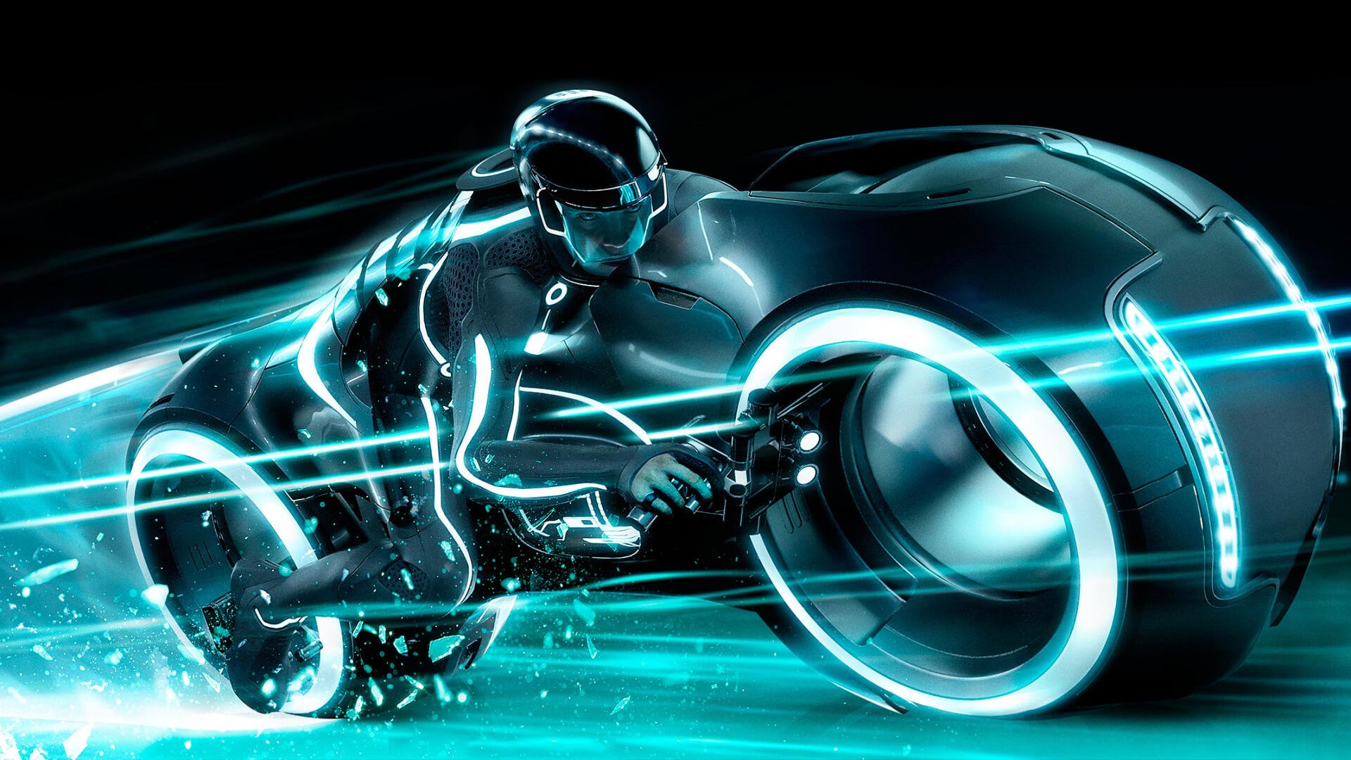TRON: Legacy HD PC desktop wallpaper and background — neon-blue lightcycle and rider streak across a glowing digital grid, sleek suit and luminous wheel trails.