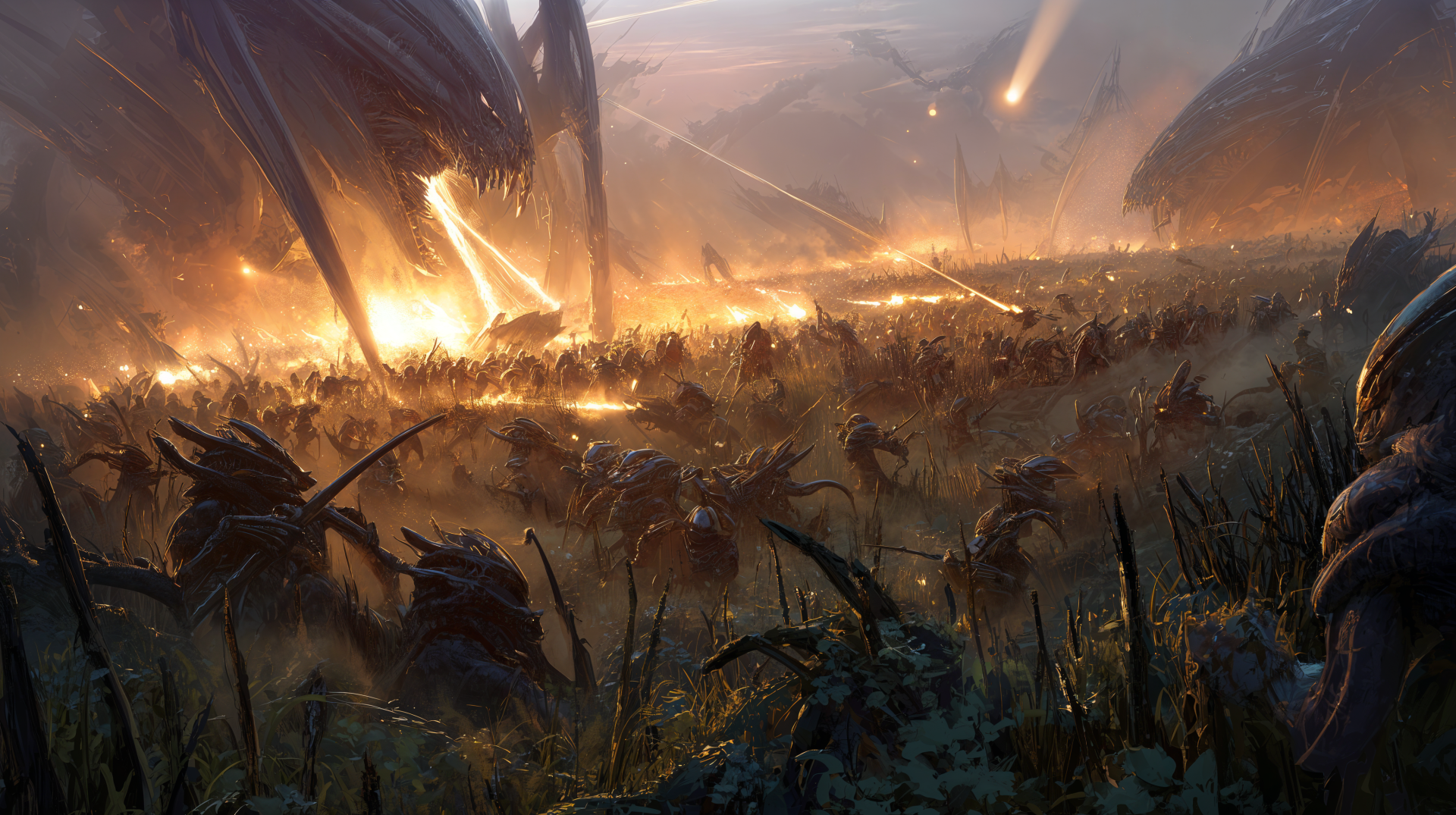 4K Ultra HD PC desktop wallpaper: epic sci-fi battle across a burning plain, swarming alien forces and towering war machines trading laser fire under a smoky orange sky.