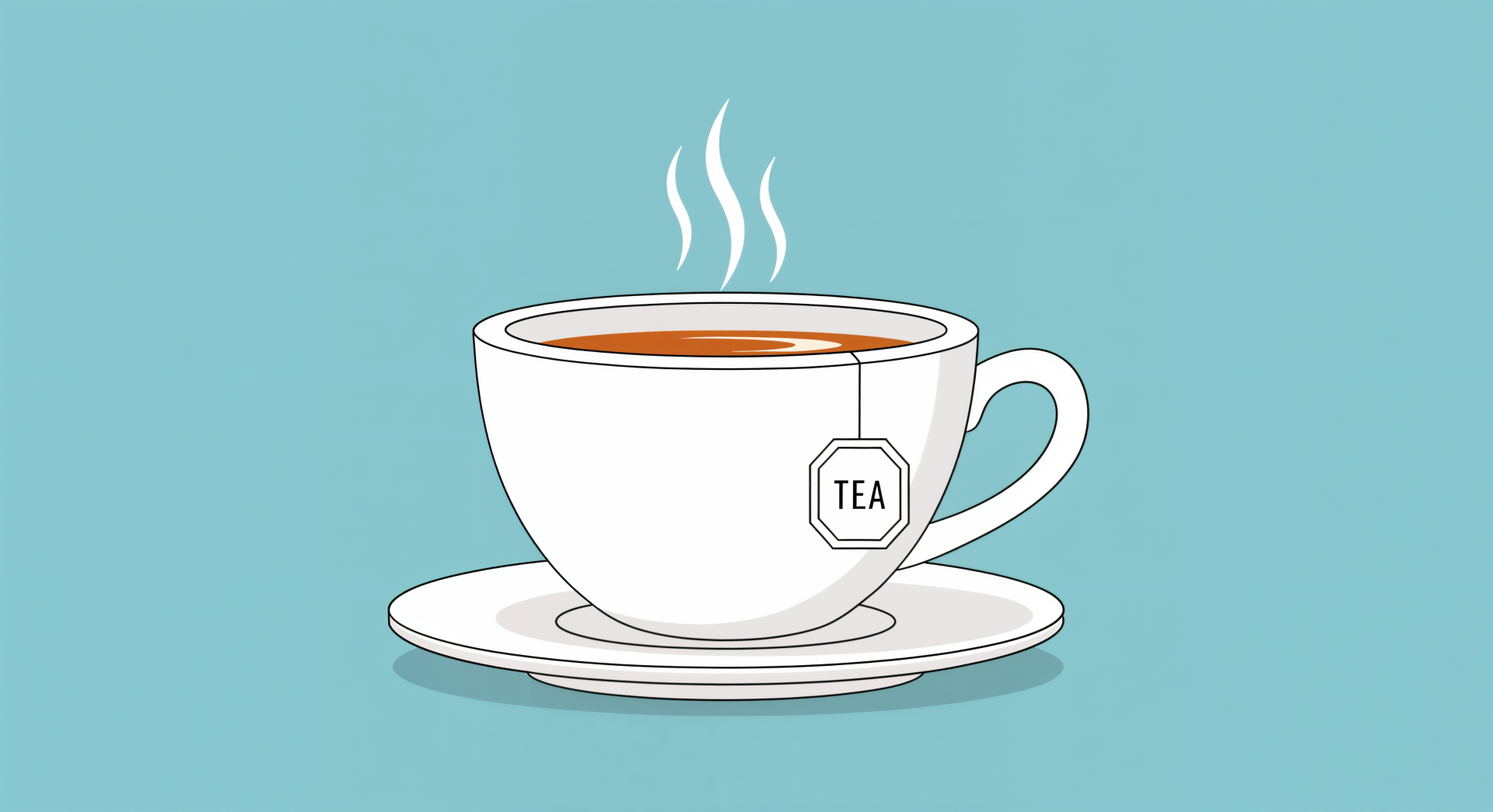 4K Ultra HD PC desktop wallpaper/background: minimalist white teacup on a saucer with steaming tea and a TEA tag, set against a soft teal background.