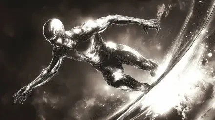 A striking HD wallpaper featuring the Silver Surfer, captured in dynamic motion on his surfboard against a cosmic backdrop, highlighting his sleek, metallic figure and ethereal surroundings.