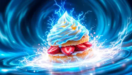 A vibrant 4K Ultra HD wallpaper showcasing a whimsical Strawberry Shortcake topped with blue frosting and fresh strawberries, surrounded by a dynamic, electrifying background.