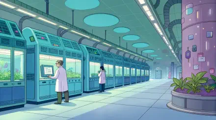A futuristic cloning facility featuring scientists in lab coats working with advanced equipment, surrounded by sleek, high-tech environments and illuminated by soft, blue lighting.