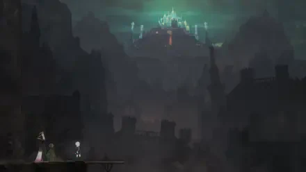 A visually striking HD wallpaper from the video game Ender Magnolia: Bloom In The Mist, featuring a mysterious, dark landscape with a glowing castle in the distance.