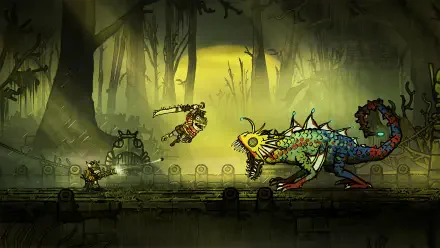 HD wallpaper from Tails of Iron 2: Whiskers of Winter, showcasing a fierce character battling a vibrant monster in a dark, mystical setting.