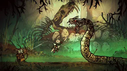 A vibrant 4K Ultra HD wallpaper from Tails of Iron 2: Whiskers of Winter, featuring a character engaging a menacing snake in a richly detailed, mystical environment.