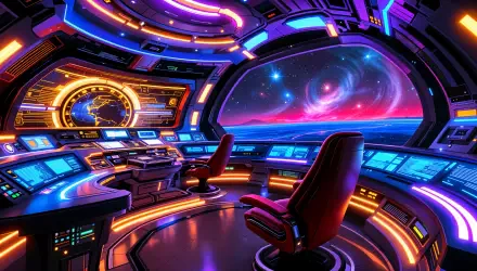 A vibrant starship bridge features illuminated control panels and two red chairs, with a stunning cosmic view of galaxies through the panoramic window. 4K Ultra HD desktop wallpaper.