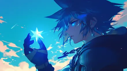HD wallpaper of Sora from Kingdom Hearts, holding a glowing star against a vibrant sky, capturing the essence of adventure and magic in the game.