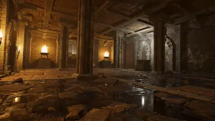 An atmospheric HD wallpaper from the video game The Quinfall, featuring a dimly lit underground chamber with stone pillars, reflective water, and glowing torches, enhancing its mysterious vibe.