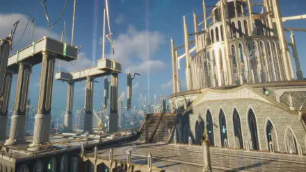 A stunning HD desktop wallpaper from the video game The Quinfall, showcasing a grand architectural landscape with towering structures and a bright blue sky.