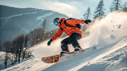 A snowboarder in an orange jacket glides down a snowy slope, surrounded by mountain scenery and trees, captured in a vibrant 4K Ultra HD PC desktop wallpaper.