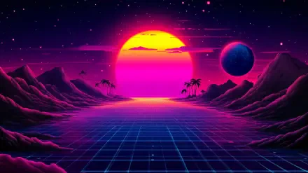 A vibrant neon landscape captures a surreal sunset, with a grid pattern leading towards the horizon, framed by palm trees and a distant planet, embodying vaporwave and synthwave aesthetics.
