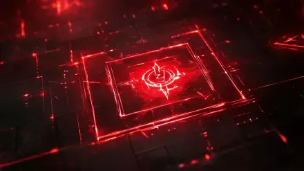 HD PC desktop wallpaper featuring a glowing red rune with technological, futuristic design elements on a dark background.