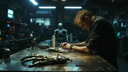 A focused cyberneticist works intently at a cluttered table filled with robotic parts in a dimly lit lab, showcasing advanced technology and innovation in a 4K Ultra HD wallpaper.
