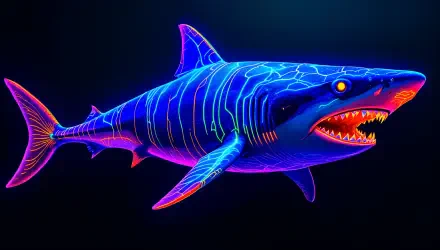 A vibrant 4K Ultra HD image of a Megalodon, featuring striking neon colors and intricate details, set against a dark background, ideal for a bold desktop wallpaper.