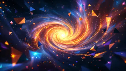 A vibrant quasar swirling in a cosmic scene, surrounded by colorful triangles and a backdrop of deep space, presented as a stunning 4K Ultra HD desktop wallpaper.