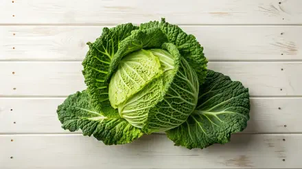 A vibrant green cabbage sits atop fresh leaves on a light wooden background, showcased as a 4K Ultra HD PC desktop wallpaper and background.