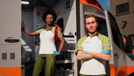 A striking 4K Ultra HD wallpaper from the video game Ambulance Life: A Paramedic Simulator, featuring two medical professionals in an ambulance setting.