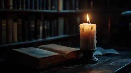 A dimly lit library exuding dark academia vibes, featuring an open book next to a flickering candle, casting a warm glow amidst the rows of books.