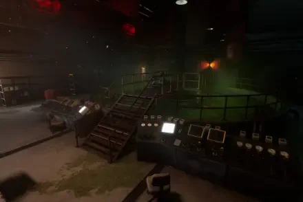 A HD desktop wallpaper featuring a dimly lit industrial setting from Poppy Playtime: Chapter 4, showcasing machinery and a staircase in an eerie atmosphere.