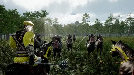 A captivating HD wallpaper from the video game Eyes of War, featuring armored warriors on horseback amidst a lush, green landscape under a dramatic sky.